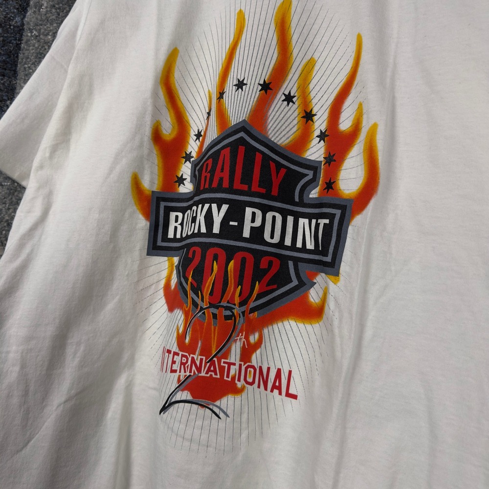 Vintage Yazbek Rocky Point Rally T-Shirt Mens Large White 2002 Biker Flame Y2K